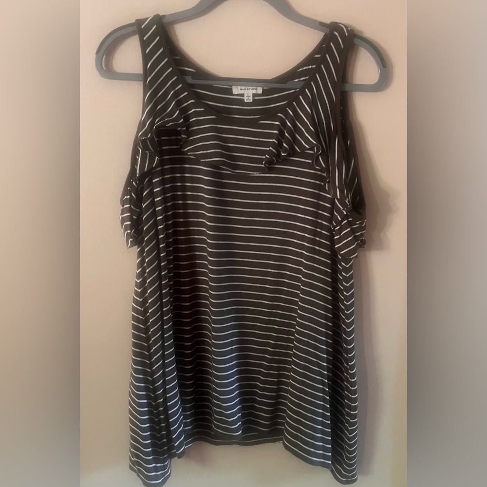 Max Studio Women's Cold Shoulder Top, Hunter Green w/White Stripes, Sz L, 28" L